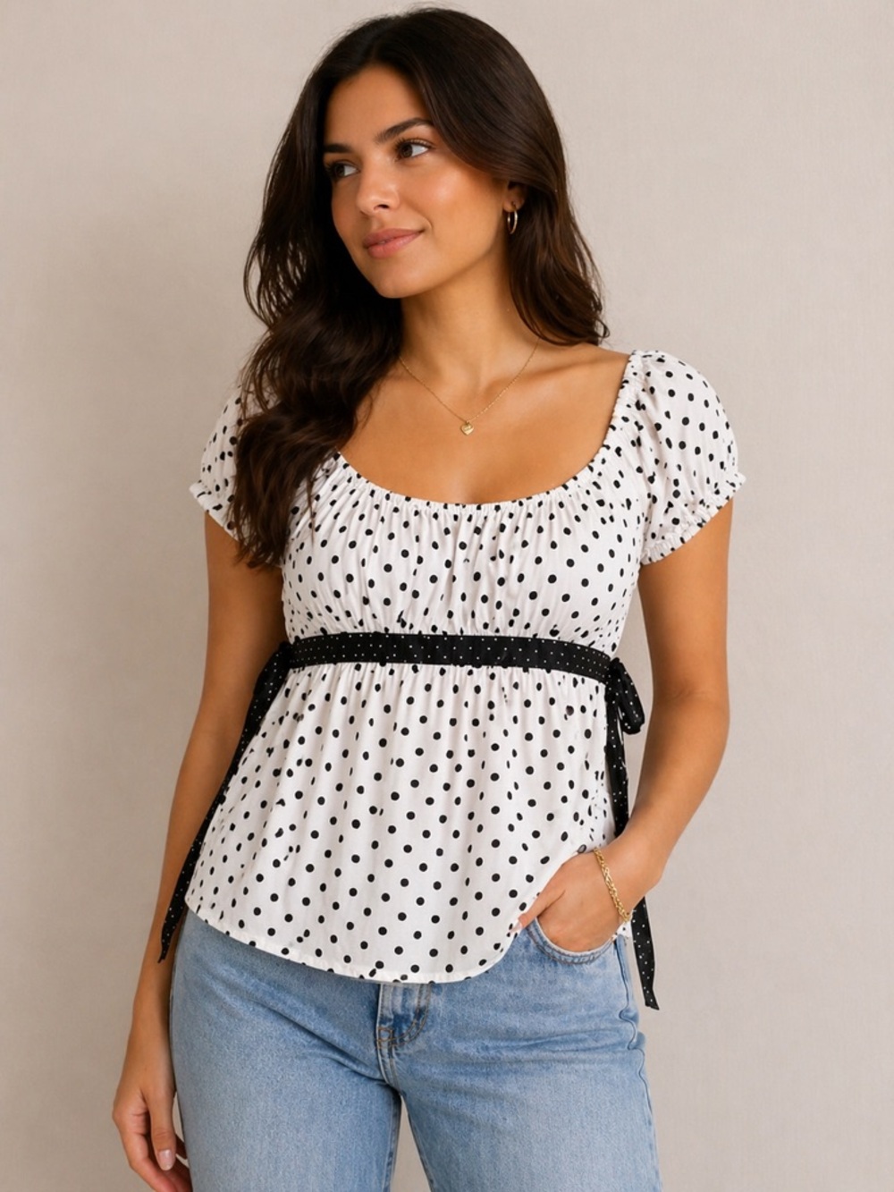 Hollister White Polka Dot Scoop-Neck Peplum Top with Black Waist Tie